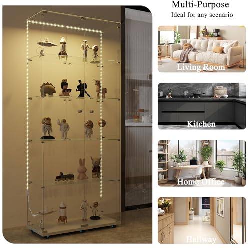TRJQBCC 74" H Tempered Glass Display Cabinet with LED Lights, 5-Shelf Wooden Curio Storage Cabinet with Tempered Glass Top & Casters, 2 Door Lockable Display Case Bookshelf for Living Room(White) TRJQBCC