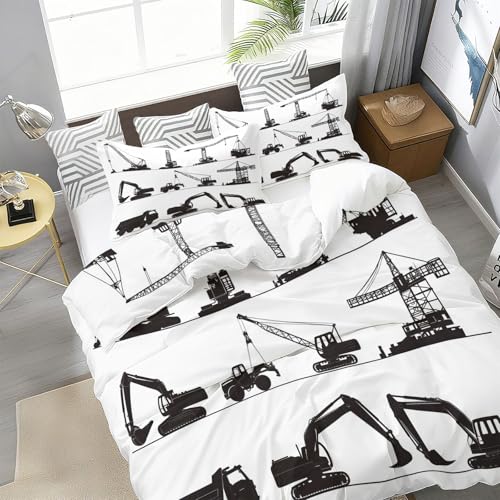 Single 61" x 79" Bedding Duvet Cover Set - White and Black Modern Construction Vehicle Minimalist Printed 3 Piece Brushed Microfiber Comforter Quilt Cover with Zipper Closure for Men and Women Generic