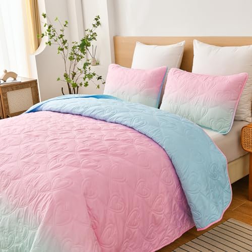 Xruibed Pink Quilt Set Twin Size Ombre Blue Pink Mint Quilt Sets Kids Girls Bedding Set 2PCs Summer Reversible Lightweight Microfiber Bedspread Coverlet Sets for All Season (68''x86'') Xruibed
