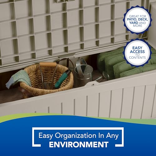 Suncast 50 Gallon Patio Bench with Storage - Decorative Resin Outdoor Patio Bench for Deck, Patio, Garden, Backyard - Ideal for Storing Toys, Cushions, Tools - Taupe () Suncast