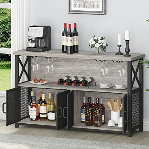LVB Liquor Home/ Coffee Bar Cabinet, Industrial Farmhouse Modern Sideboard Buffet Cabinet for liquor and glasses with Wine Rack Storage for Kitchen Dining Living Room, Light Grey Oak 47 in LVB