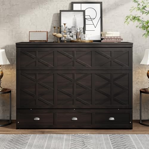 TCMILA Queen Size Murphy Cabinet Bed with Large Storage Drawers and USB, Foldable Murphy Bed Frame with Wood Slat Support, Space Saving, for Kids Boys Girls Adults, Espresso TCMILA