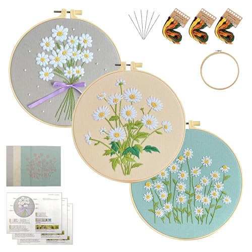 KEKEMEOW 3 Sets Embroidery Kit for Beginners, Stitches with Wild Flower Patterns, DIY Cross Stitch Kits for Adults, Needlepoint Hand Embroidery Kit with Stamped Pattern、Instruction、Hoop