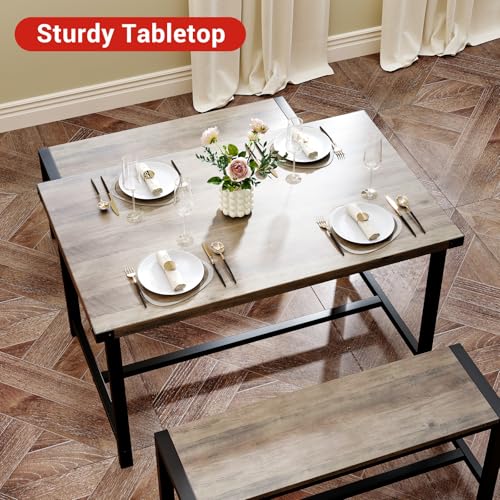 Garvee Dining Table Set for 4, Kitchen Table with Benches, 3 Piece Rectangular Dining Room Set with 2 Wooden Benches for Small Space, Apartment, Studio, Home, Rustic Gray Garvee