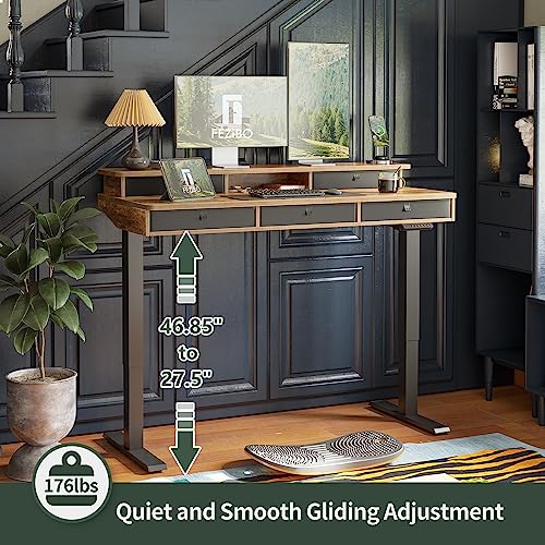 FEZIBO Height Adjustable Electric Standing Desk with 5 Drawers, 55 x 24 Inch Table with Storage Shelf, Sit Stand Desk Black Frame/Rustic Brown Top, FEZIBO