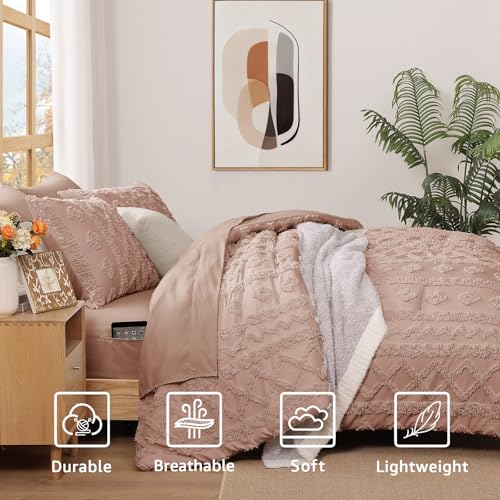 WRENSONGE Full Size Comforter Set with Sheets - 7 Pieces Rusty Pink Tufted Bed in a Bag Full Shabby Chic Bedding Sets with 1 Comforter, 2 Sheets, 2 Pillowcases & 2 Shams WRENSONGE