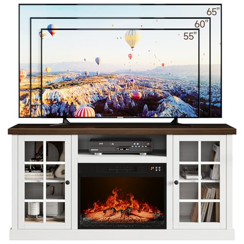 ONBRILL 59 Inch Fireplace TV Stand, Entertainment Center with 23 Inch Electric Fireplace, TV Table for TVs up to 65 Inches, Media Console Cabinet with Storage and Glass Doors for Living Room, White ONBRILL