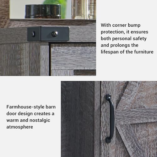 JXQTLINGMU Farmhouse Makeup Vanity Desk with Mirror and Lights, 43'' Glass Tabletop Vanity Table with 3 Drawers & Shelves, Rustic Large Vanity Set for Bedroom, Stool Included, Grey JXQTLINGMU