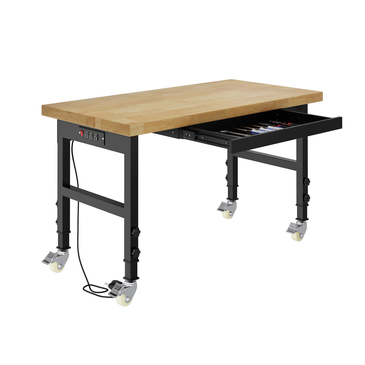 Pelnuies 48" Work Bench with Wheels, Adjustable Height Workbench with Drawers, Heavy-Duty Oak Wood Work Table with Power Outlets, 2000 LBS Capacity Workstation for Garage, Workshop, Office, Home Pelnuies