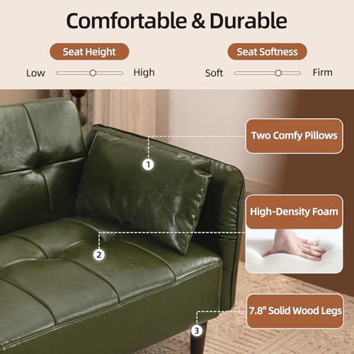 HALLYBEE Futon Sofa Bed, Sleeper Sofa, Small Couch with Storage Adjustable Armrests Pillows, Faux Leather Loveseat, Mid Century Modern Couches for Living Room, Bedroom, Apartment, Olive Green HALLYBEE