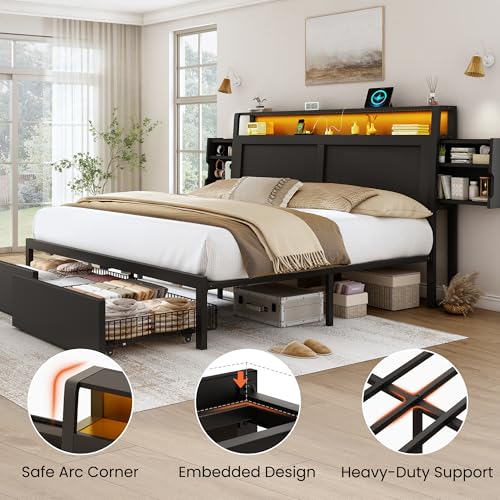 LARMACE King Size Bed Frame with Storage Drawers and Ergonomic Headboard,2-Tier Hidden Storage,Wooden Platform Bed Frame with Charging Station and LED Lights,No Box Spring Needed,Easy Assembly,Black LARMACE