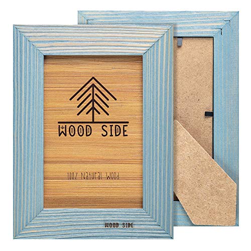 Rustic Wooden Picture Frame 4x6 Inch - Set of 2-100% Natural Farmhouse Distressed Wood with Real Glass - Made for Wall Hanging and Tabletop Display - Blue Turquoise Wood Side Company