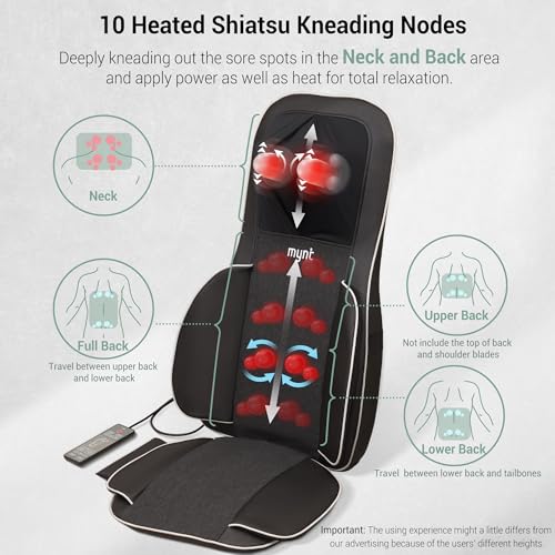 Mynt FSA Eligible HSA Approved Shiatsu Neck and Back Massager for Chair with 10 Deep Kneading Nodes, 2D & 3D Back Massage with Heat, Portable Spot Massage Chair Pad (Black) Mynt