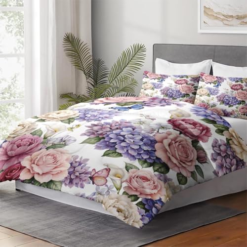 WeCozy Queen Size Comforter Set with 2 Pillowcases, Painting Floral Rose Flower Hydrangea Soft 3 Pcs Bedding for Kids and Adults Bedroom Bed Decor WeCozy