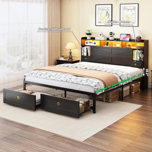 Etditrnp King Bed Frame with Storage Headboard, Farmhouse Platform Bed Frame with Bookshelf, Drawers, LED Lights and Charging Station, Metal Slats Support, Noise Free, No Box Spring Needed, Black Etditrnp