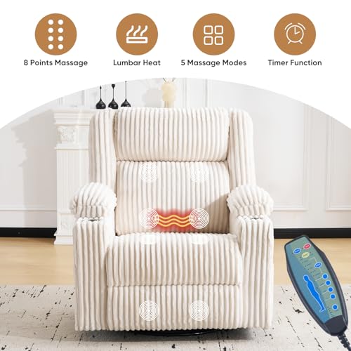 Oversized Power Recliner Chair with Massage and Heat, Swivel Rocker Recliner Chair for Adults with Arm Storage, Nursery Glider Recliner with Adjustable Headrest and Phone Stand, Side Pockets, Beige