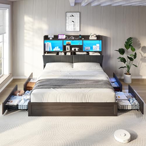 LUXOAK King Farmhouse Bed Frame with Bookcase Headboard and 4 Drawers, LED Storage Bed with Charging Station & Linen Upholstered, No Box Spring Needed,Black LUXOAK