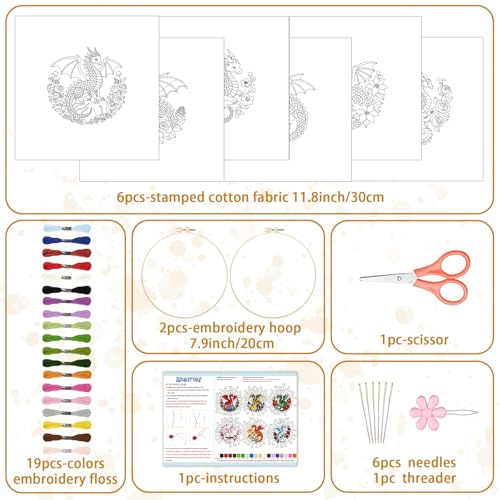 BEUNITONE 6 Sets Embroidery Kits for Beginners with Dragon and Flowers Patterns, DIY Craft Kits for Adults Include Embroidery Hoops and Instructions, Needlepoint Kits for Craft Lover and Home Decor