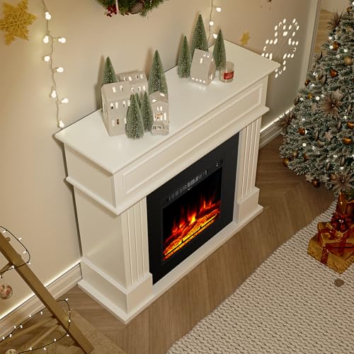 oneinmil Electric Fireplace with Mantel, Fireplace TV Stand with 18’’ Electric Fireplace Heater, 3D Realistic Flame, Freestanding Fireplace for Living Room, Bedroom, White oneinmil