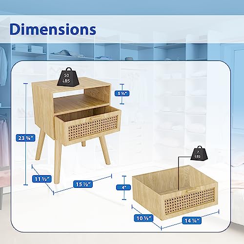 Mid-Century Modern Rattan Nightstand (2 Set), Boho Wood Accent Table with Storage Drawer - Bedside Table for Bedroom or End Table for Living Room, Natural Wood Accent Decor - Light Brown Lifetime Home