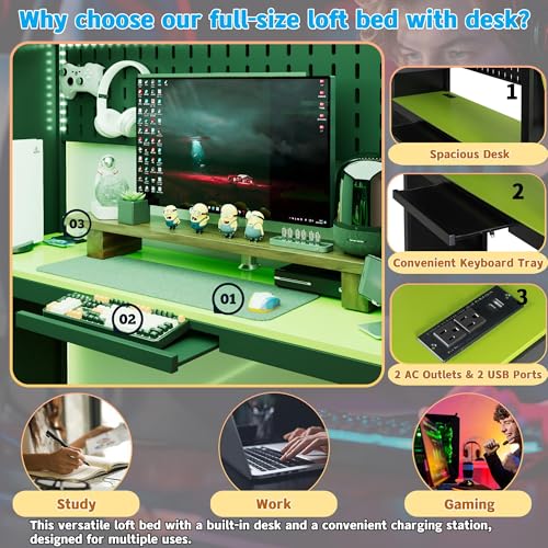 Linique Full Size Gaming Loft Bed with Desk, LED Lights and Charging Station, Wood Loft Bed Frame with Wardrobe, Open Shelves, Blackout Curtains, for Kids Teens Adults, Black+Green Linique