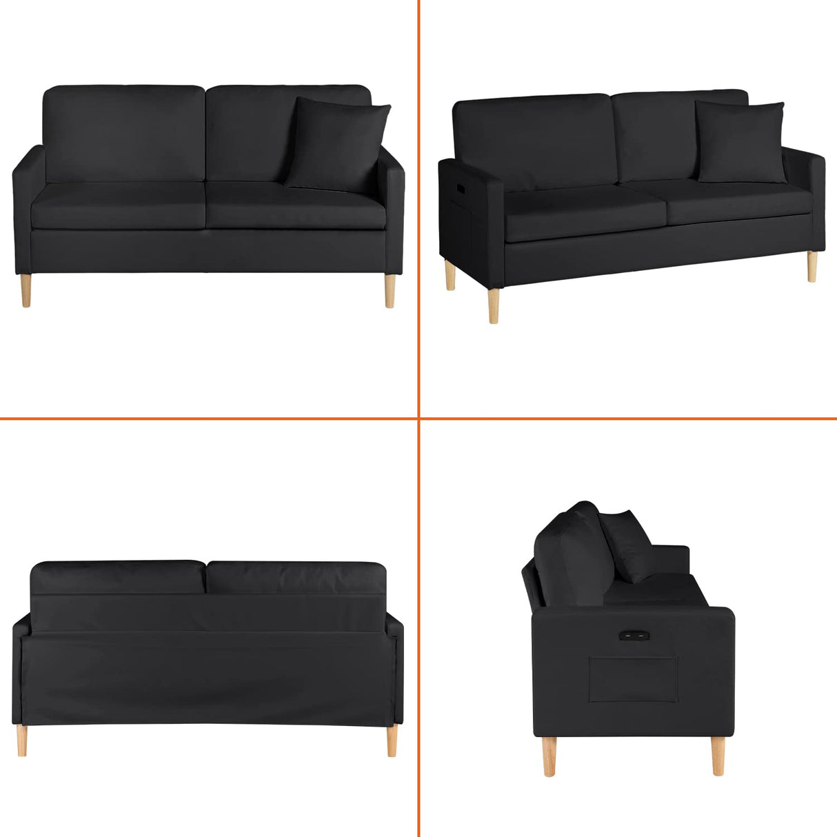 AILEEKISS 66" W Loveseat Sofa with 2 USB Mid Century Modern Love Seats PU Leather Furniture Tufted Upholstered Love Seat Couch for Living Room Office Apartment Bedroom (3-Seater, Black) AILEEKISS