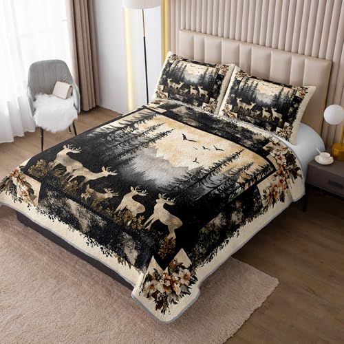 HOSIMA Deer King Bedding Set for Adults,Deer in Forest Print Summer Soft Lightweight Quilt,Floral Pattern Plaid Animal Bedding for Aesthetic Room Decor with 2 Pillowcases. HOSIMA
