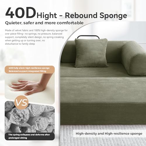 QQR Sleeper Sofa, Comfy Convertible Folding Couch-Futon-Corduroy Fabric Sleeper Sofa Bed with 2 Pillow, Removable Soft Cushion for Small Living Room Dorm/Bedroom/College/Office (Light Green) QQR