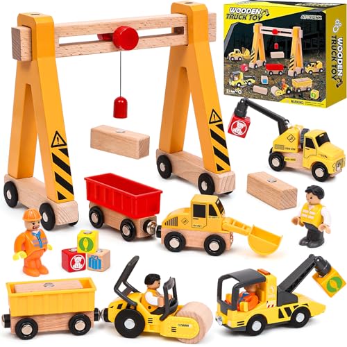 Atoylink 15PCS Kids Wooden Construction Toys with Magnetic Train Cars, Gantry Crane Bulldozer Roller Tow Truck Construction Site Vehicles Playset Gifts for 3 4 5 6 Year Old Toddlers Boys Atoylink