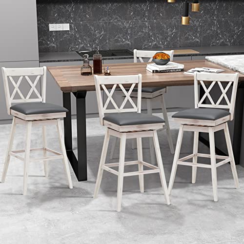 COSTWAY Bar Stool Set of 2, 360° Swivel Bar Height 29.5 inch Bar Stool with Foot Rest Upholstered Cushion & Ergonomic Backrest, Sturdy Frame, for Pub, Restaurant, Home (2, Antique White+ Grey) COSTWAY