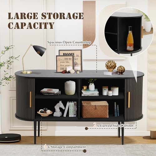 UTOASIS Fluted Buffet Cabinet, 55" Sideboard Tambour Buffer Cabient wtih Storage, Sliding Door, Mid Century Modern Console Table with Adjustable Shelf, Modern Accent Cabinet for Kitchen (Black) UTOASIS