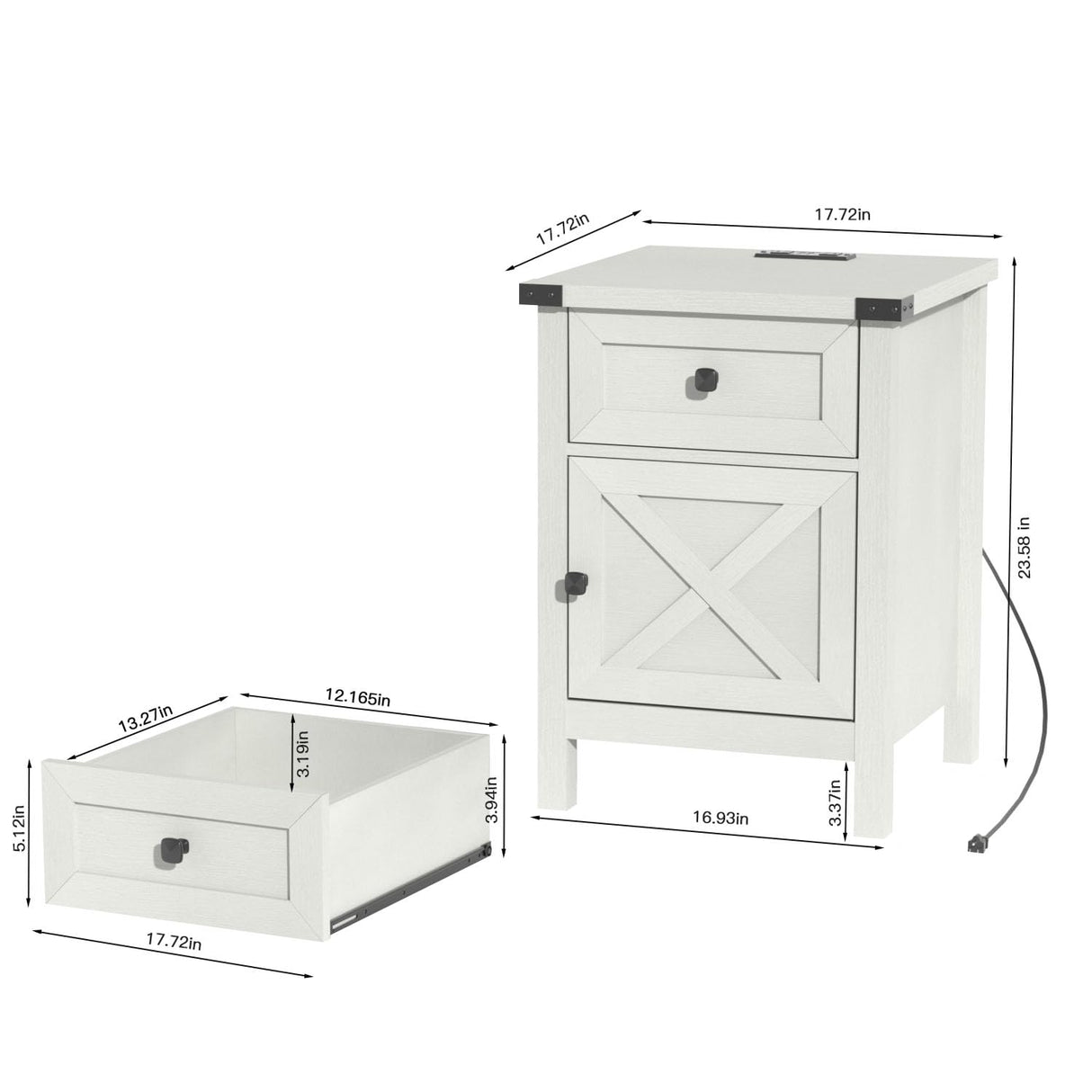 Farmhouse Nightstand with Charging Station, White Side Table, Rustic End Table with Barn Door and Drawer, Rustic Floating Nightstands Modern Bed Side Table Night Stand for Bedroom and Living Room HOSEOKA