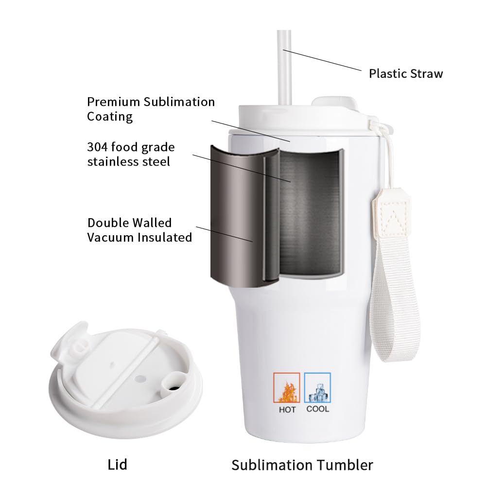 PYD Life 6 Pack Sublimation Tumblers 20 OZ White Blanks with Lid and Plastic Straw Portable String,Stainless Steel Coffee Cups for Tumbler Heat Press Sublimation Oven Printing PYD Life