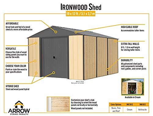 Arrow 10' x 12' Ironwood Galvanized Steel Hybrid Outdoor Shed Kit, Anthracite Arrow