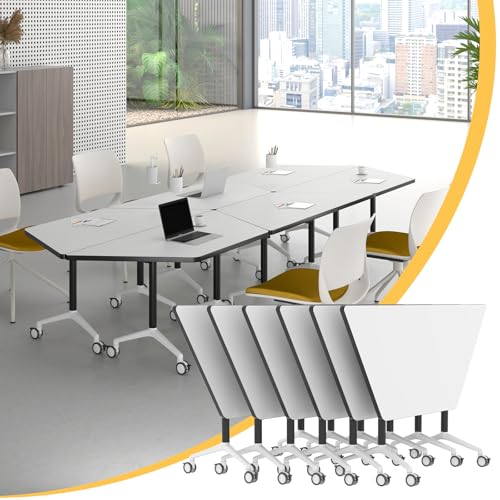 Folding Conference Table,47.2In Modular Conference Room Tables with Wheels,White Meeting Table Flip Top Mobile Training Table,Modern Seminar Boardroom Tables for Office School-T Shaped (6, White) rzoizwko