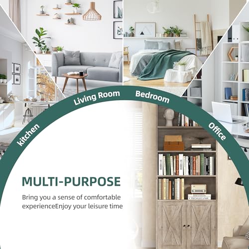 Shintenchi Bookshelf, Industrial Bookshelves and Bookcases with Doors Floor Standing 6 Shelf Display Storage Shelves 70.6 inches Tall Bookcase for Home Office, Living Room (Grey) Shintenchi