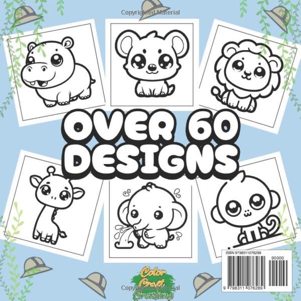 Safari Animals Coloring Book: Bold and easy, cozy coloring book for kids, children and adults. 60 Large print coloring pages with cute kawaii safari jungle animals WoodArtSupply