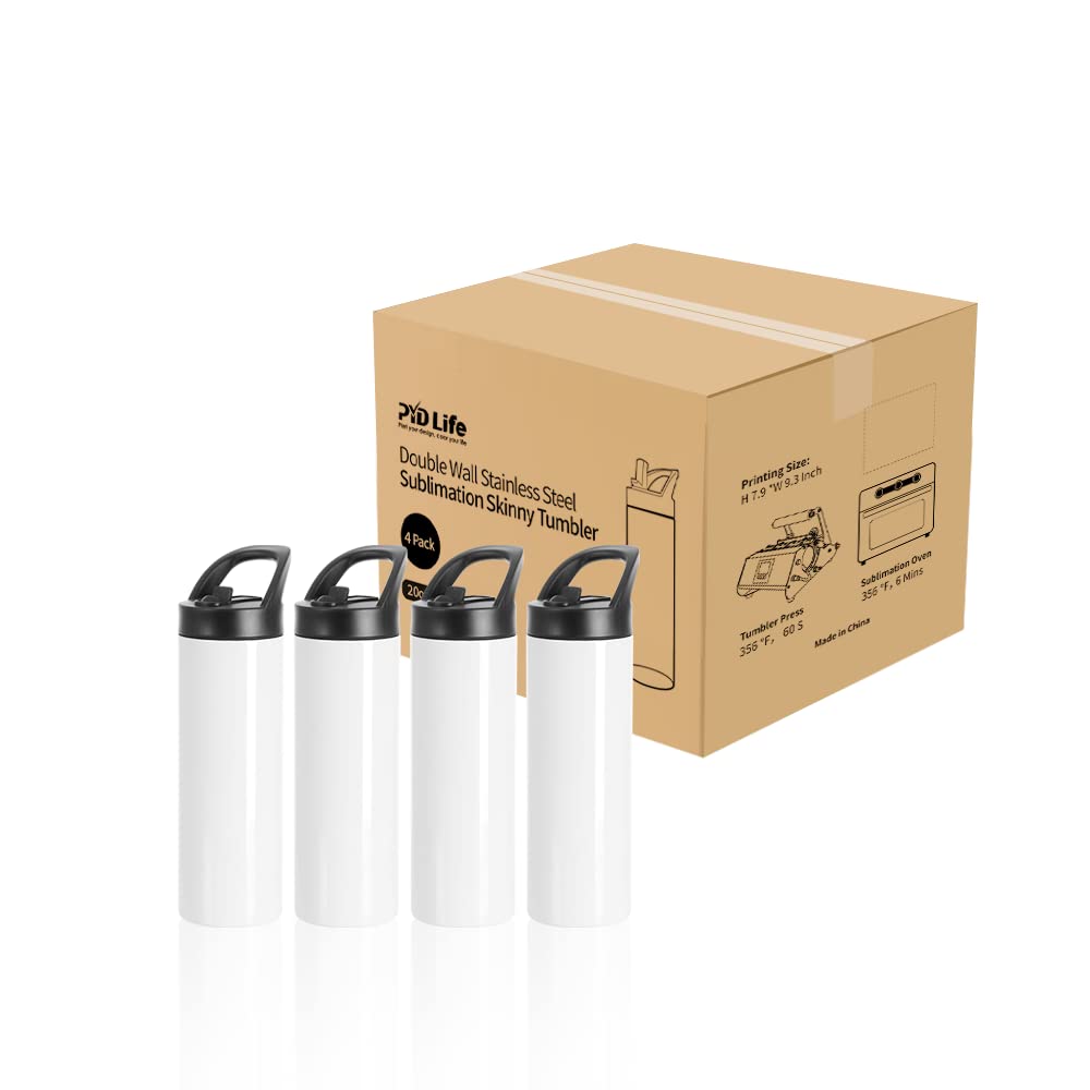 PYD Life Sublimation Tumblers Blanks Cups Water Bottle White 20 OZ Skinny Straight Sports Bottles Mugs with Portable Sippy Up Lid with Straw,for Tumbler Heat Press 4 Pack PYD Life