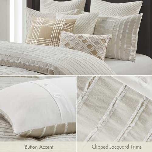 Madison Park Queen Comforter Set Clipped Jacquard Stripes with Buttons Boho Comforter for a Queen-Size Bed, Cotton Oversized Comforters with Removable Cover Boho Bedding, Queen Ivory 8 Piece Madison Park