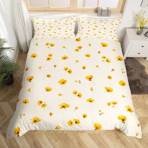 Botanical Duvet Cover Full Yellow Flowers and Grid Floral Garden Pattern Printed on Cream White Bedding Set,Blossom Kawaii Reversible Kids Bedroom Comforter Cover for Teen Toddler,Lightweight,Zipper Erosebridal