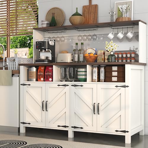 Buffet Sideboard with Storage Hutch with Power Outlets 4 Doors, Large Farmhouse Kitchen Storage Cabinet Wood Coffee Bar Cabinet with Goblet Holder and Cup Hooks for Kitchen, Dining Room, Entryway knoworld