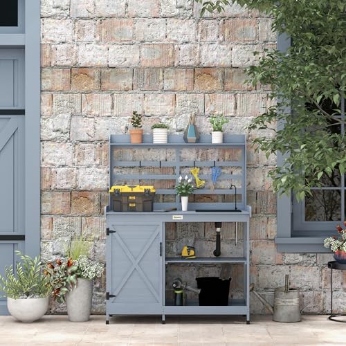 Outsunny Wooden Potting Bench, Outdoor Potting Table with Storage Cabinet, Storage Shelves for Backyard, Patio, Balcony, Gray Outsunny