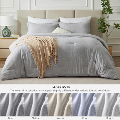 CozyLux King Size Comforter Set - 3 Pieces Light Grey Soft Luxury Cationic Dyeing Bedding Comforter for All Season, Light Gray Breathable Lightweight Fluffy Bed Set with 1 Comforter and 2 Pillow Shams CozyLux