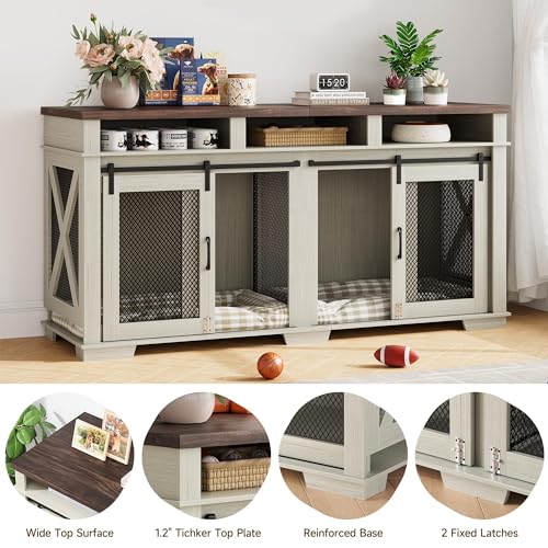 GarveeLife 71'' Dog Crate Furniture for 1 or 2 Dogs, Large Double Dog Cage with 3 Storage Drawers & Removable Divider, Dog Kennel As TV Stand, Furniture Style Dog Crates with Sliding Barn Door GarveeLife