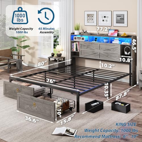TIGUBFRE King Bed Frame with Storage Headboard, Farmhouse Wood Bed Frame King Size with 4 Drawers, LED Light & Charging Station, Metal Slats Support, Noise Free, No Box Spring Needed, Rustic Grey TIGUBFRE
