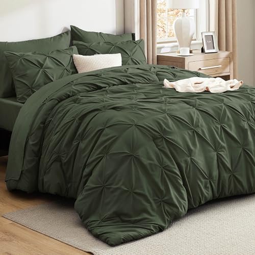 Bedsure King Size Comforter Set Olive Green - Bed in a Bag Bedding Set 7 Pieces, GentleSoft™ Pintuck Bed Set Gift for Family, Pinch Pleat Olive Green Comforter with Sheets, Pillowcases & Shams Bedsure