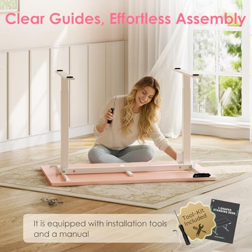 OffiGo Electric Height Adjustable Standing Desk, 40 Inch Pink Computer Desk for Women Girls, Sit Stand Table for Home, Office, Bedroom OffiGo