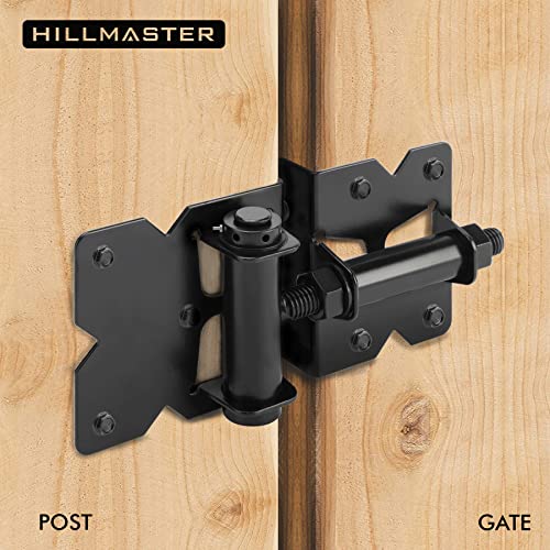 2 Pack Self Closing Gate Hinges for Wooden Fences Heavy Duty Solid Vinyl Fence Gate Closer Hinges with 22 Screws Swing Adjuster Tool 90 Degree Tension Boerboel Gate Hardware Kit Black Finish HILLMASTER