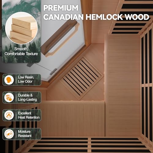 HUGROVE 2-3 Person Low EMF FAR Infrared Sauna for Home, Indoor Canadian Hemlock Dry Heat Sauna Kit with Bluetooth Speakers, LED Lights & Smart Control Panel HUGROVE