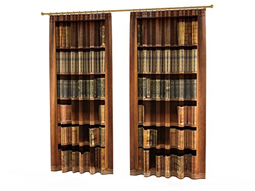 Factory4me Brown Curtains Bookshelf Library Themed Bookcase, Light Brown and Blue Curtains with Books Shelf Printed Literature Design Window Set of 2 84 Inch Panels for Living Room Bedroom Kitchen Factory4me